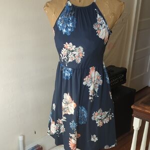 Pink and White Halter Neck Sleeveless Mini Dress Pockets